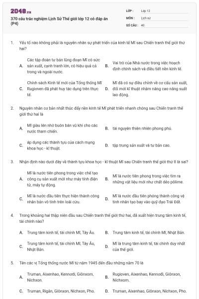 370 câu trắc nghiệm Lịch Sử Thế giới lớp 12 có đáp án (P4)