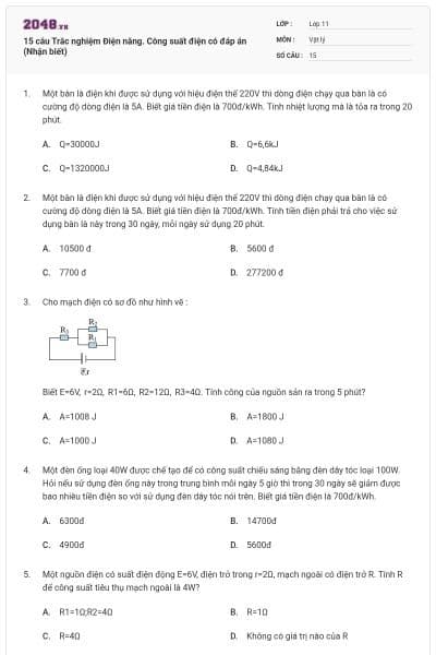 15 câu Trắc nghiệm Điện năng. Công suất điện có đáp án (Nhận biết)