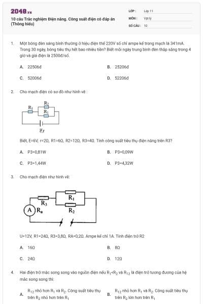 10 câu Trắc nghiệm Điện năng. Công suất điện có đáp án (Thông hiểu)