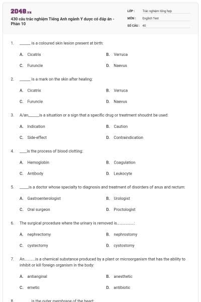 430 câu trắc nghiệm Tiếng Anh ngành Y dược có đáp án - Phần 10