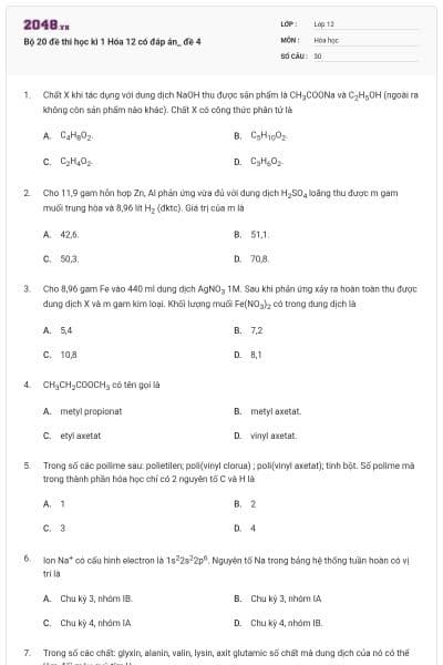 Bộ 20 đề thi học kì 1 Hóa 12 có đáp án_ đề 4