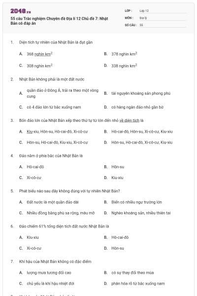 55 câu Trắc nghiệm Chuyên đề Địa lí 12 Chủ đề 7: Nhật Bản có đáp án