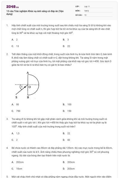 13 câu Trắc nghiệm Khúc xạ ánh sáng có đáp án (Vận dụng)