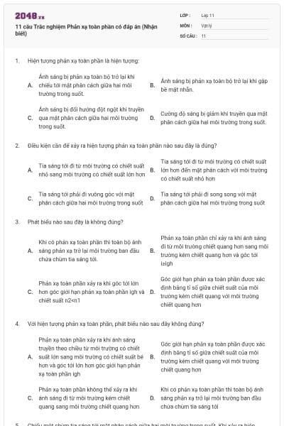 11 câu Trắc nghiệm Phản xạ toàn phần có đáp án (Nhận biết)