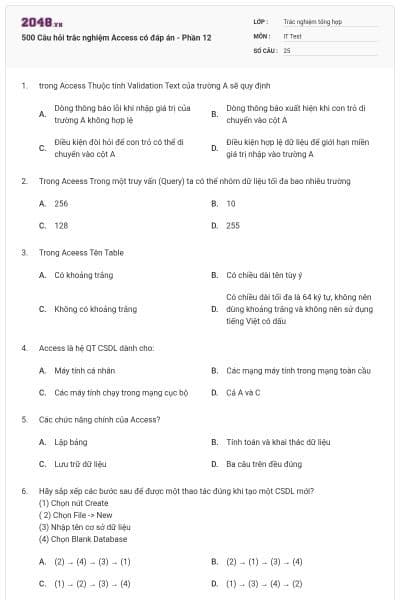 500 Câu hỏi trắc nghiệm Access có đáp án - Phần 12