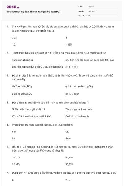 100 câu trắc nghiệm Nhóm Halogen cơ bản (P2)