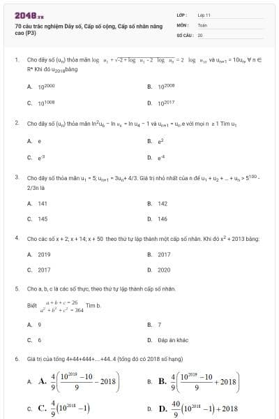70 câu trắc nghiệm Dãy số, Cấp số cộng, Cấp số nhân nâng cao (P3)