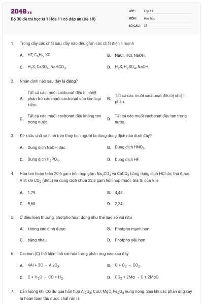 Bộ 30 đề thi học kì 1 Hóa 11 có đáp án (Đề 10)