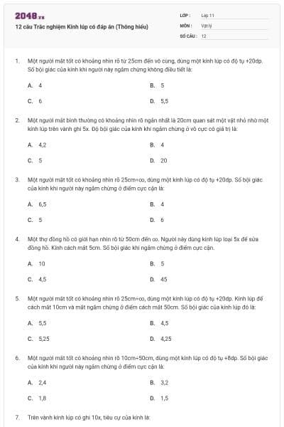 12 câu Trắc nghiệm Kính lúp có đáp án (Thông hiểu)