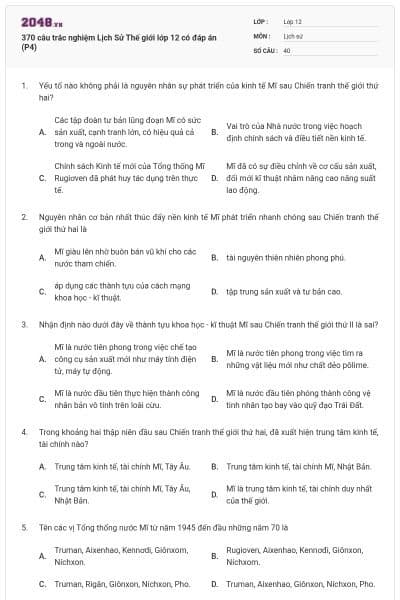 370 câu trắc nghiệm Lịch Sử Thế giới lớp 12 có đáp án (P4)