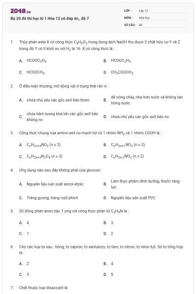 Bộ 20 đề thi học kì 1 Hóa 12 có đáp án_ đề 7