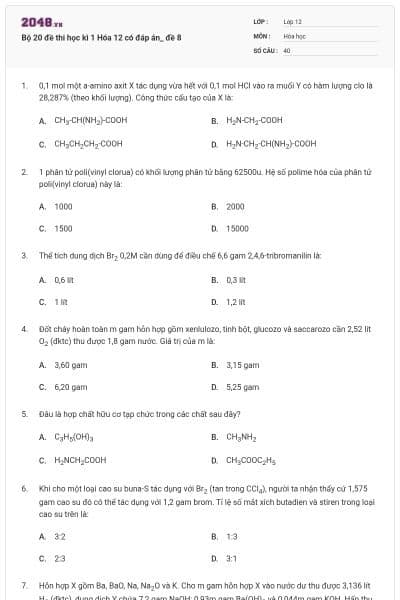 Bộ 20 đề thi học kì 1 Hóa 12 có đáp án_ đề 8