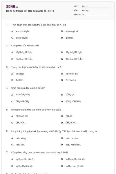 Bộ 20 đề thi học kì 1 Hóa 12 có đáp án_ đề 10