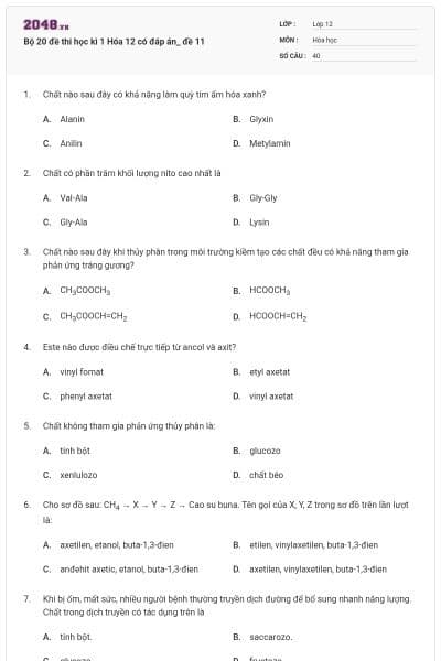 Bộ 20 đề thi học kì 1 Hóa 12 có đáp án_ đề 11