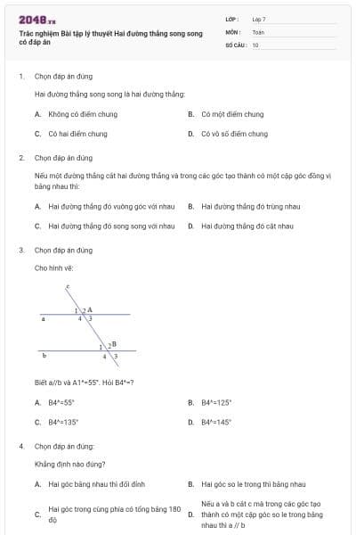 Trắc nghiệm Bài tập lý thuyết Hai đường thẳng song song có đáp án