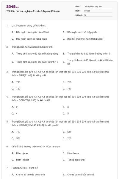 700 Câu hỏi trắc nghiệm Excel có đáp án (Phần 6)