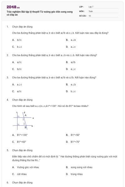 Trắc nghiệm Bài tập lý thuyết Từ vuông góc đến song song có đáp án