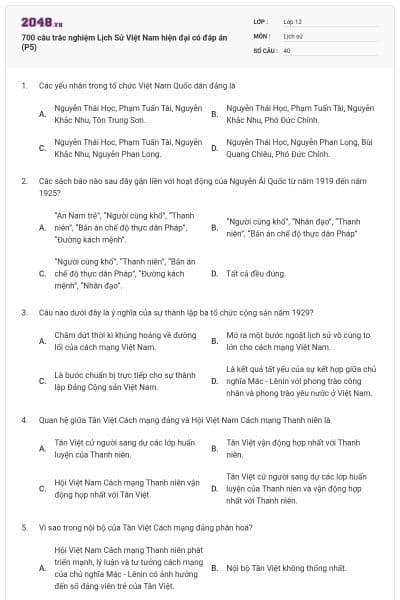 700 câu trắc nghiệm Lịch Sử Việt Nam hiện đại có đáp án (P5)