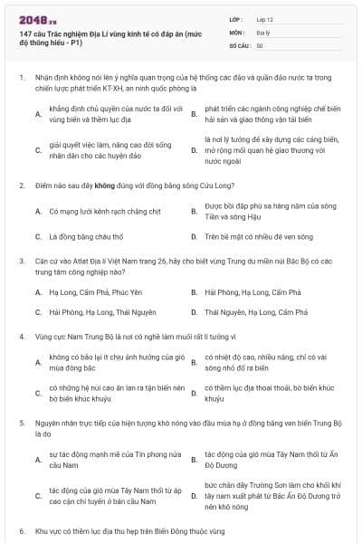 147 câu Trắc nghiệm Địa Lí vùng kinh tế có đáp án (mức độ thông hiểu - P1)
