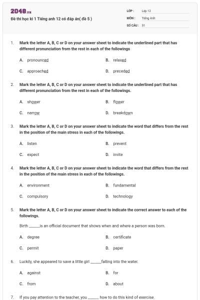 Đề thi học kì 1 Tiếng anh 12 có đáp án( đề 5 )