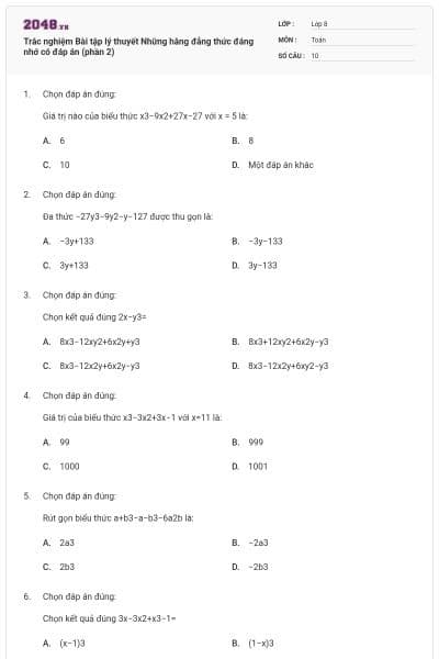 Trắc nghiệm Bài tập lý thuyết Những hằng đẳng thức đáng nhớ có đáp án (phần 2)