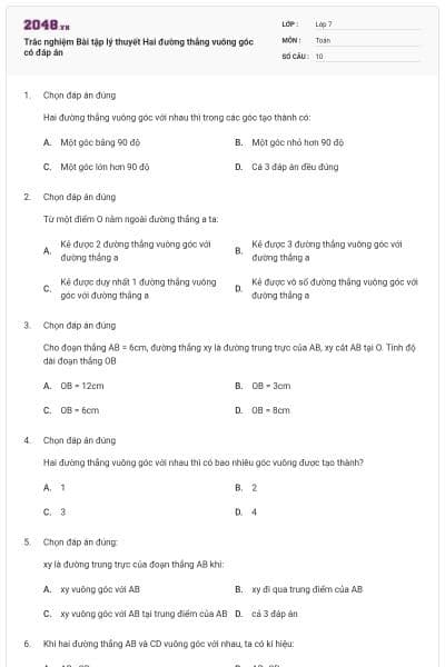 Trắc nghiệm Bài tập lý thuyết Hai đường thẳng vuông góc có đáp án