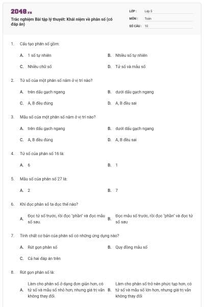 Trắc nghiệm Bài tập lý thuyết: Khái niệm về phân số (có đáp án)