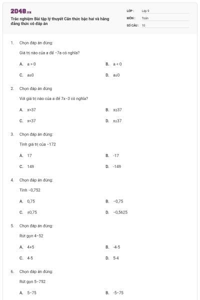 Trắc nghiệm Bài tập lý thuyết Căn thức bậc hai và hằng đẳng thức có đáp án