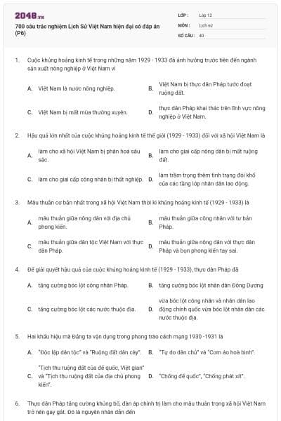 700 câu trắc nghiệm Lịch Sử Việt Nam hiện đại có đáp án (P6)