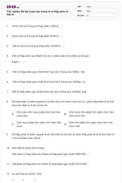 Trắc nghiệm Bài tập Luyện tập chung về số thập phân có đáp án