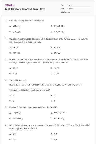 Bộ 20 đề thi học kì 1 Hóa 12 có đáp án_ đề 12