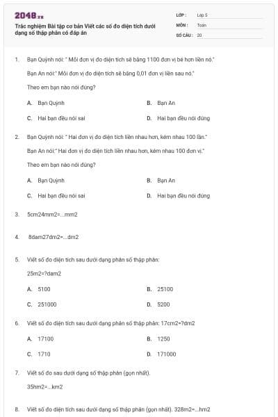Trắc nghiệm Bài tập cơ bản Viết các số đo diện tích dưới dạng số thập phân có đáp án