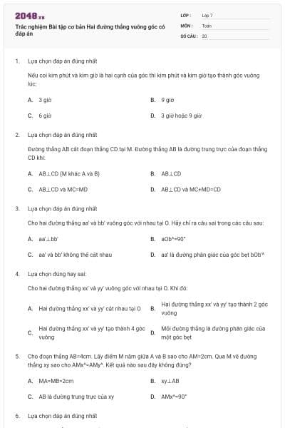 Trắc nghiệm Bài tập cơ bản Hai đường thẳng vuông góc có đáp án