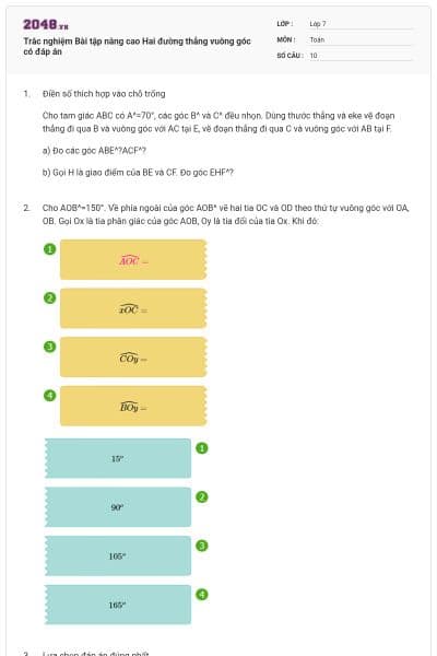 Trắc nghiệm Bài tập nâng cao Hai đường thẳng vuông góc có đáp án