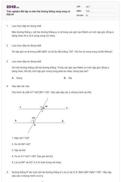 Trắc nghiệm Bài tập cơ bản Hai đường thẳng song song có đáp án