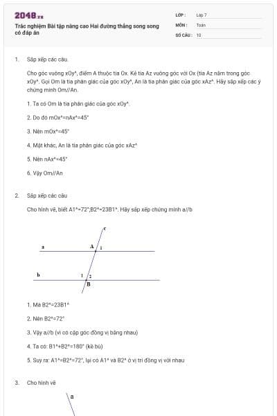 Trắc nghiệm Bài tập nâng cao Hai đường thẳng song song có đáp án