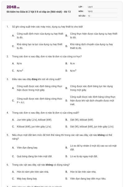 Đề kiểm tra Giữa kì 2 Vật lí 8 có đáp án (Mới nhất) - Đề 13