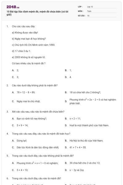 10 Bài tập Xác định mệnh đề, mệnh đề chứa biến (có lời giải)