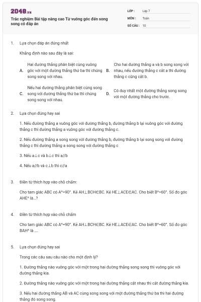 Trắc nghiệm Bài tập nâng cao Từ vuông góc đến song song có đáp án