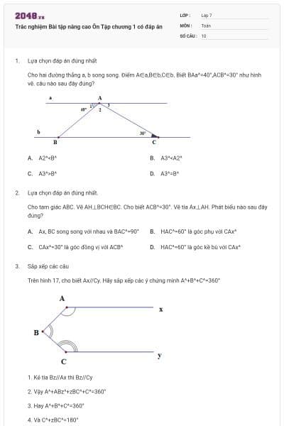 Trắc nghiệm Bài tập nâng cao Ôn Tập chương 1 có đáp án