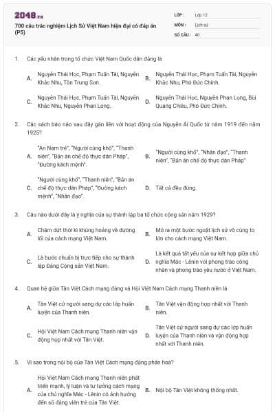 700 câu trắc nghiệm Lịch Sử Việt Nam hiện đại có đáp án (P5)