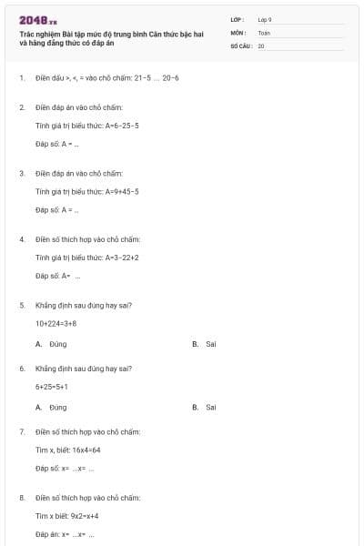 Trắc nghiệm Bài tập mức độ trung bình Căn thức bậc hai và hằng đẳng thức có đáp án