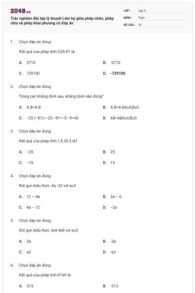 Trắc nghiệm Bài tập lý thuyết Liên hệ giữa phép nhân, phép chia và phép khai phương có đáp án