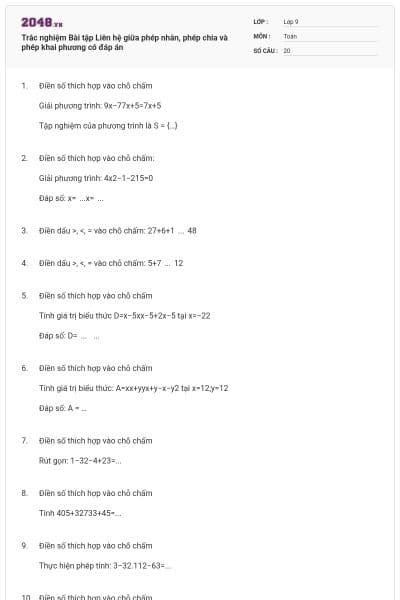 Trắc nghiệm Bài tập Liên hệ giữa phép nhân, phép chia và phép khai phương có đáp án