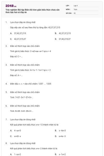 Trắc nghiệm Bài tập Biến đổi đơn giản biểu thức chứa căn thức bậc hai có đáp án