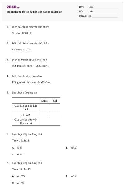 Trắc nghiệm Bài tập cơ bản Căn bậc ba có đáp án