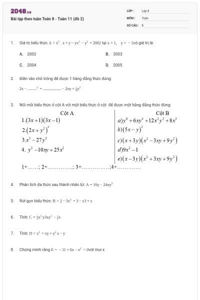 Bài tập theo tuần Toán 8 - Tuần 11 (đề 2)