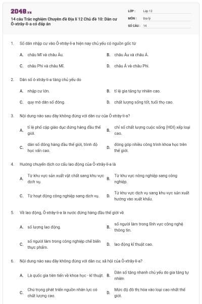 14 câu Trắc nghiệm Chuyên đề Địa lí 12 Chủ đề 10: Dân cư Ô-xtrây-li-a có đáp án