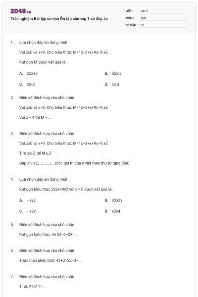 Trắc nghiệm Bài tập cơ bản Ôn tập chương 1 có đáp án