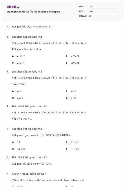 Trắc nghiệm Bài tập Ôn tập chương 1 có đáp án